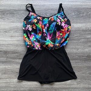 Longitude Long Torso Black One-Piece Swimsuit with Bright Tropical Floral Print